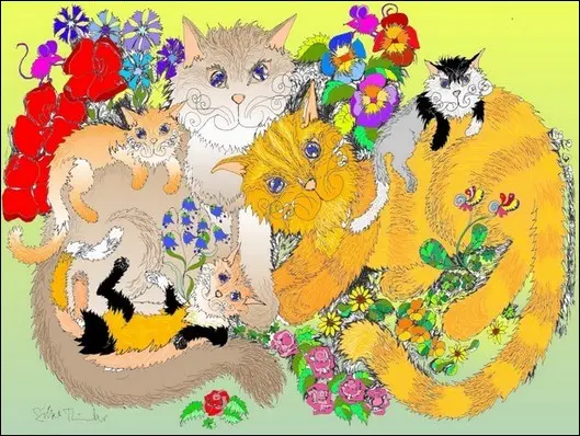 Katzenkalender:Katzenfamilie im Glück, Katzenbilder, Katzenillustration, Katzenkunst, Kunst