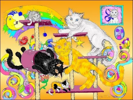 Katzenkalender, Katerbande, Katzen auf dem Kratzbaum, Katzenbilder, Katzenkunst, Katzenillustration