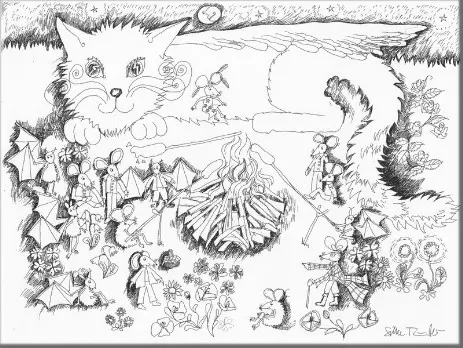 Katzenkrimi mit Zeichnung, Grafik in der Kunst mit geflügelter Katze