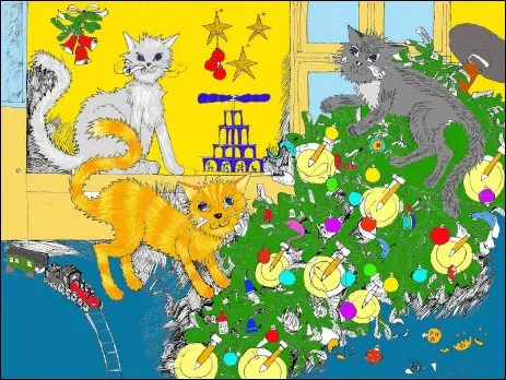 Katzenkalender: Kater ramponieren Weihnachtsbaum, Katzenbilder für Kinder, Illustration für Kinderbuch