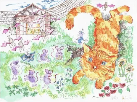 Katzenbilder, Zeichnung, Grafik, Illustration, mit fliegender Katze