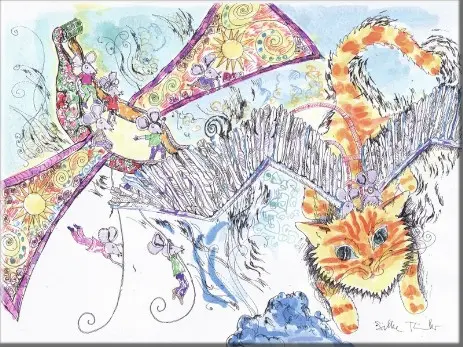 kolorierte Zeichnung, Kunst mit Katze, Maus, Waldmaus, Fledermaus