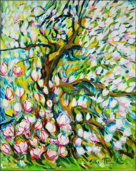 Acrylmalerei, Kunst, Gemälde mit blühendem Tulpenbaum, Magnolie, Kalender 2015, Kunstkalender, Kinderbuch